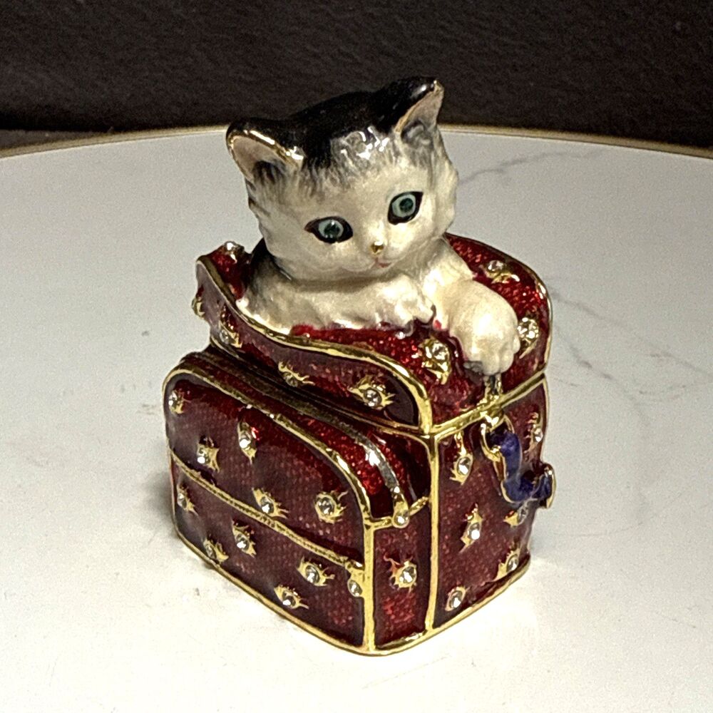 Kitten in Bag Trinket Box Bejeweled Cat Figurine Rhinestone Enamel Jewelry Case